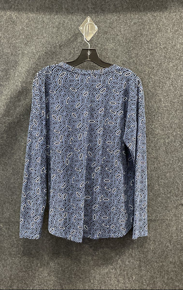 Dana Buchman Women's Blue Geometric Leaf Print Long Sleeve Split Neck Top Size M