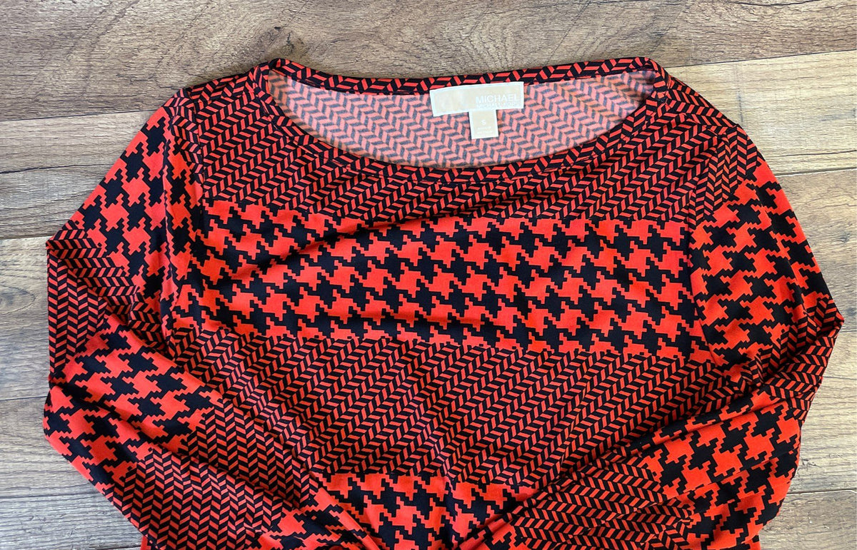 Michael Kors Women's Mixed Print Shift Dress Red Black Houndstooth Size S