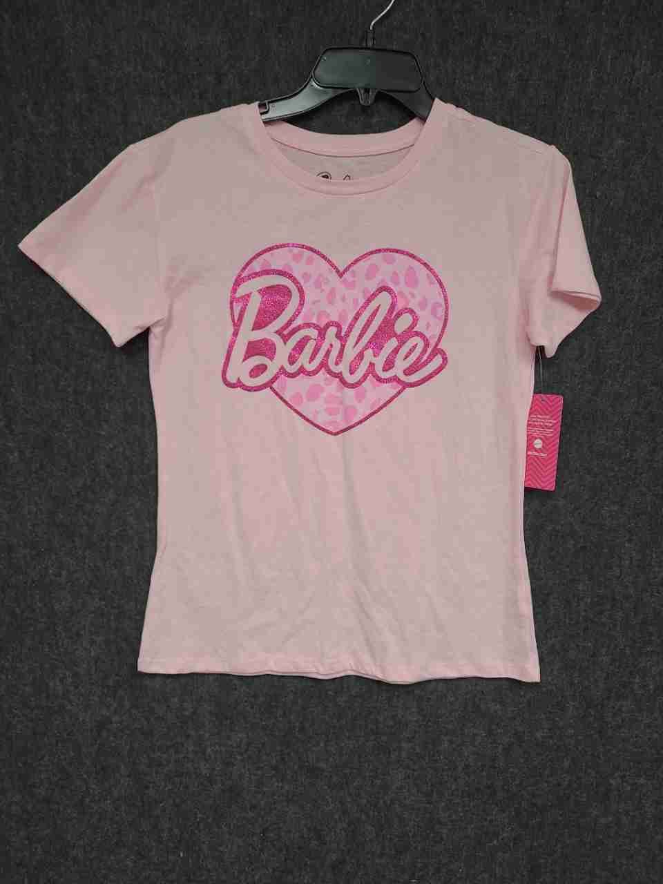 Barbie Girls Pink Glitter Heart Leopard Print Short Sleeve T-Shirt NWT Size 14