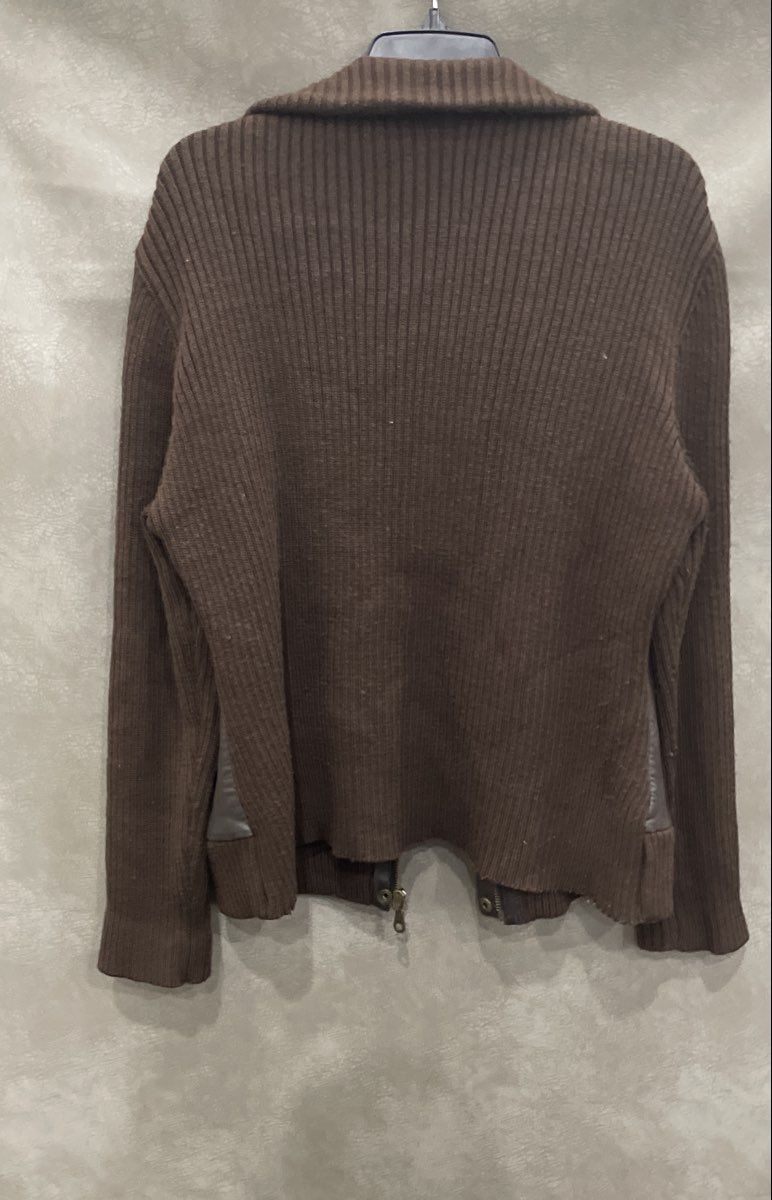 Laura Clement Women's Brown Lambskin Leather Ribbed Wool Full Zip Jacket 14