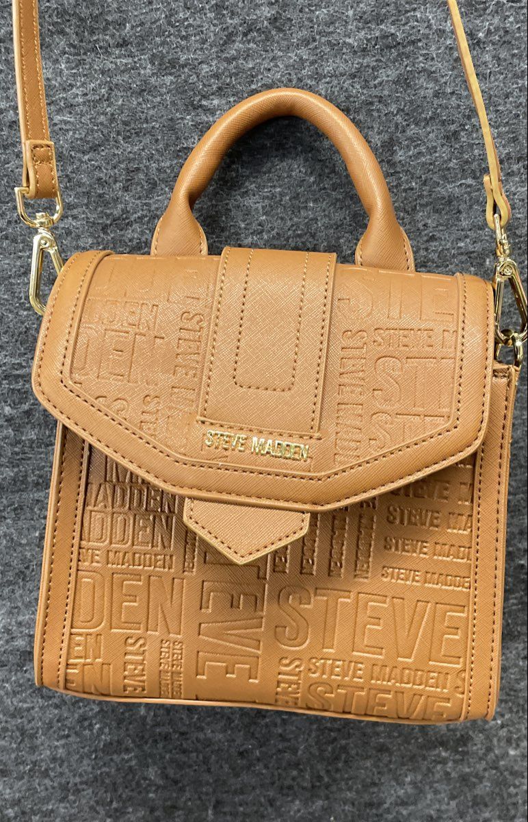 Steve Madden Tan Logo Embossed Saffiano Satchel Crossbody Bag Gold Hardware