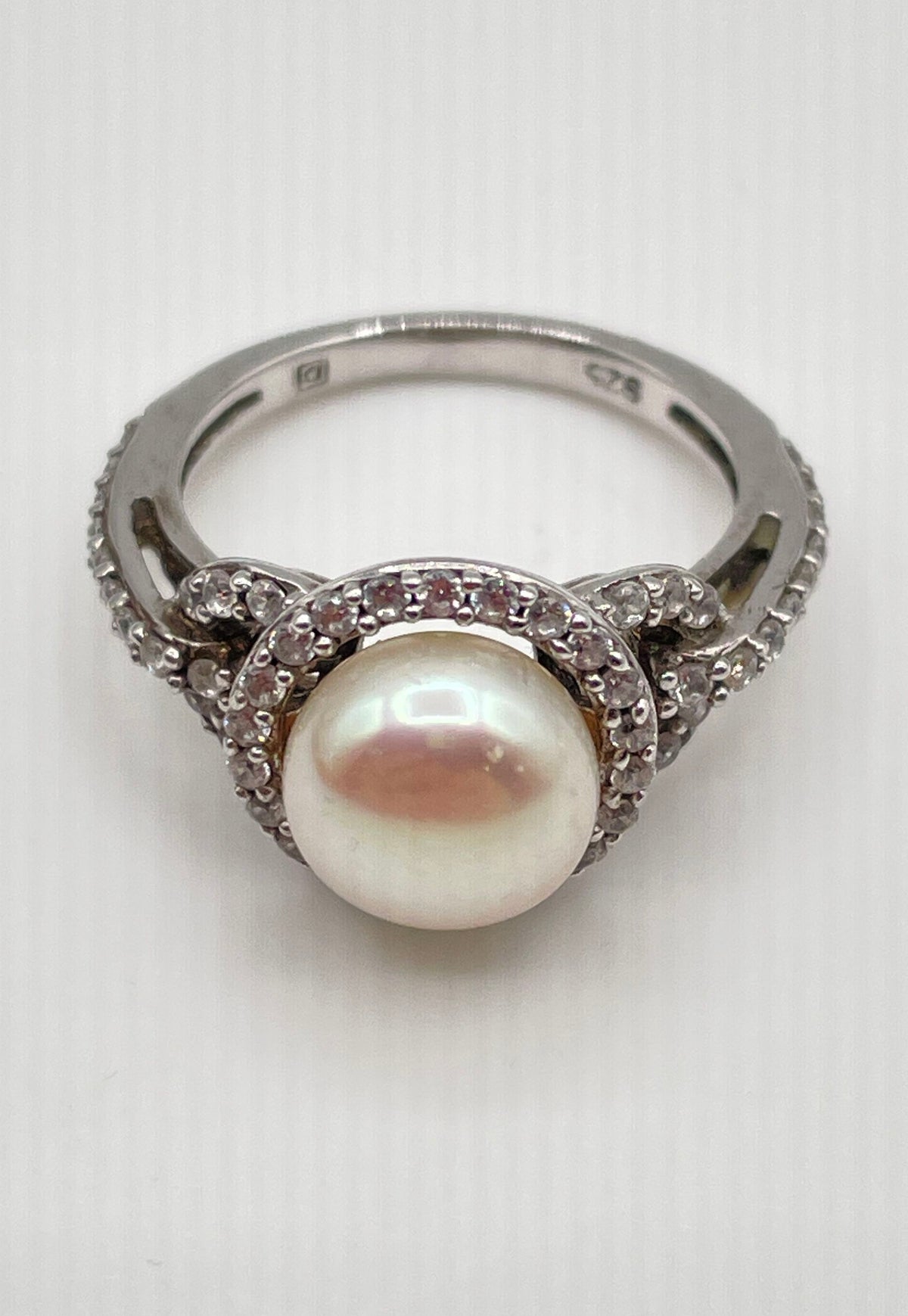Delmar 925 Sterling Silver White Pearl CZ Halo Accent Ring 3.7g