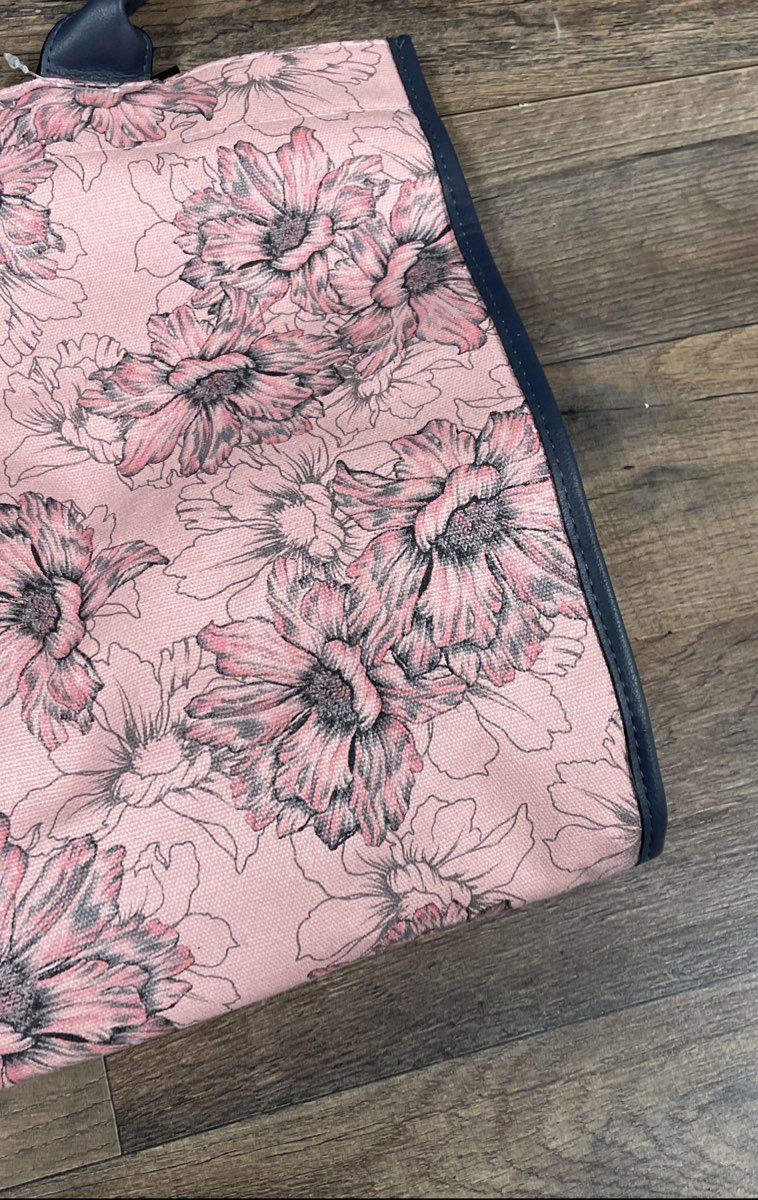 Victoria's Secret Pink Floral Canvas Tote Bag Large Navy Trim NWT