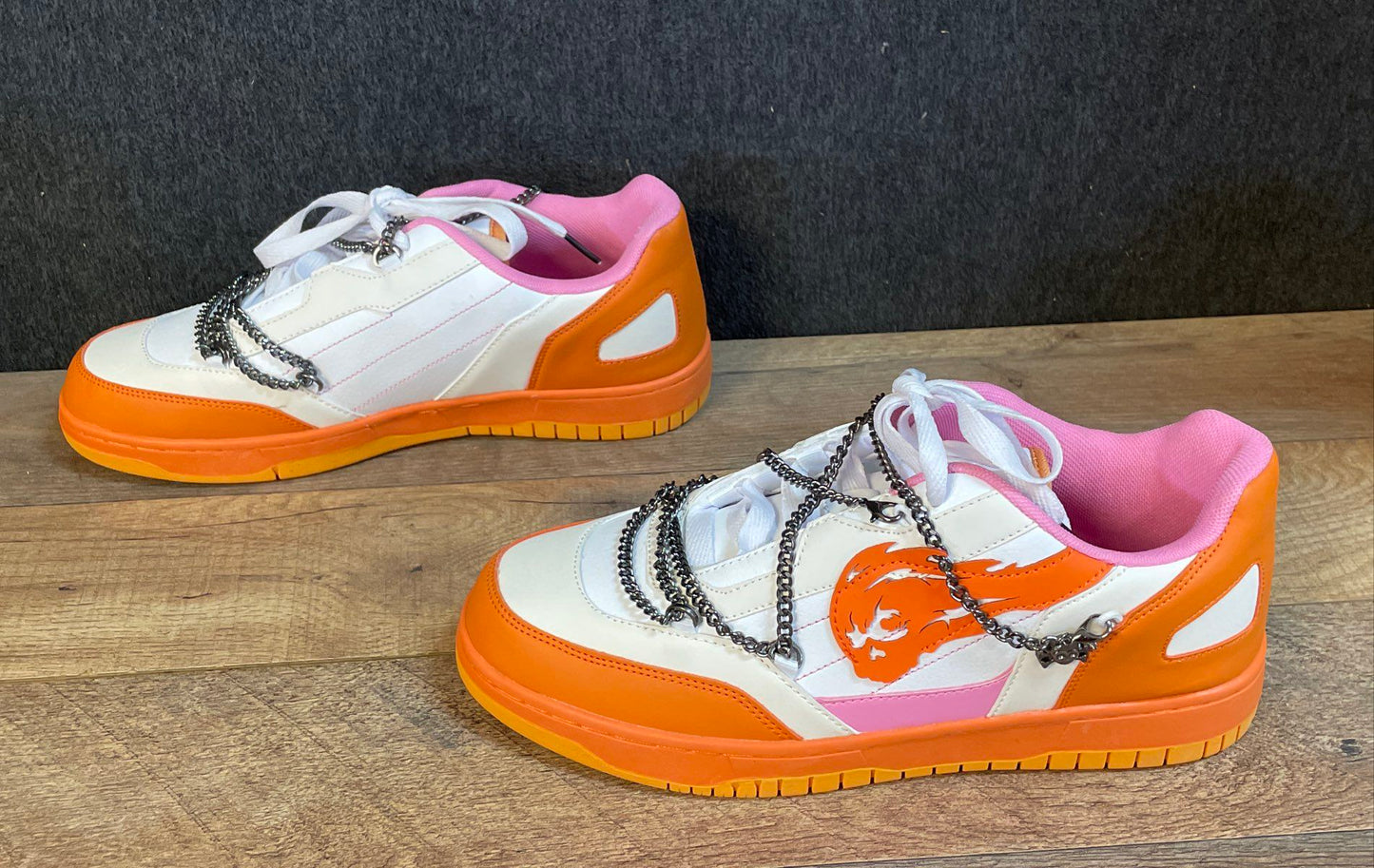 Brand X White Orange Pink Flame Graphic Chain Lifestyle Sneakers Size 8