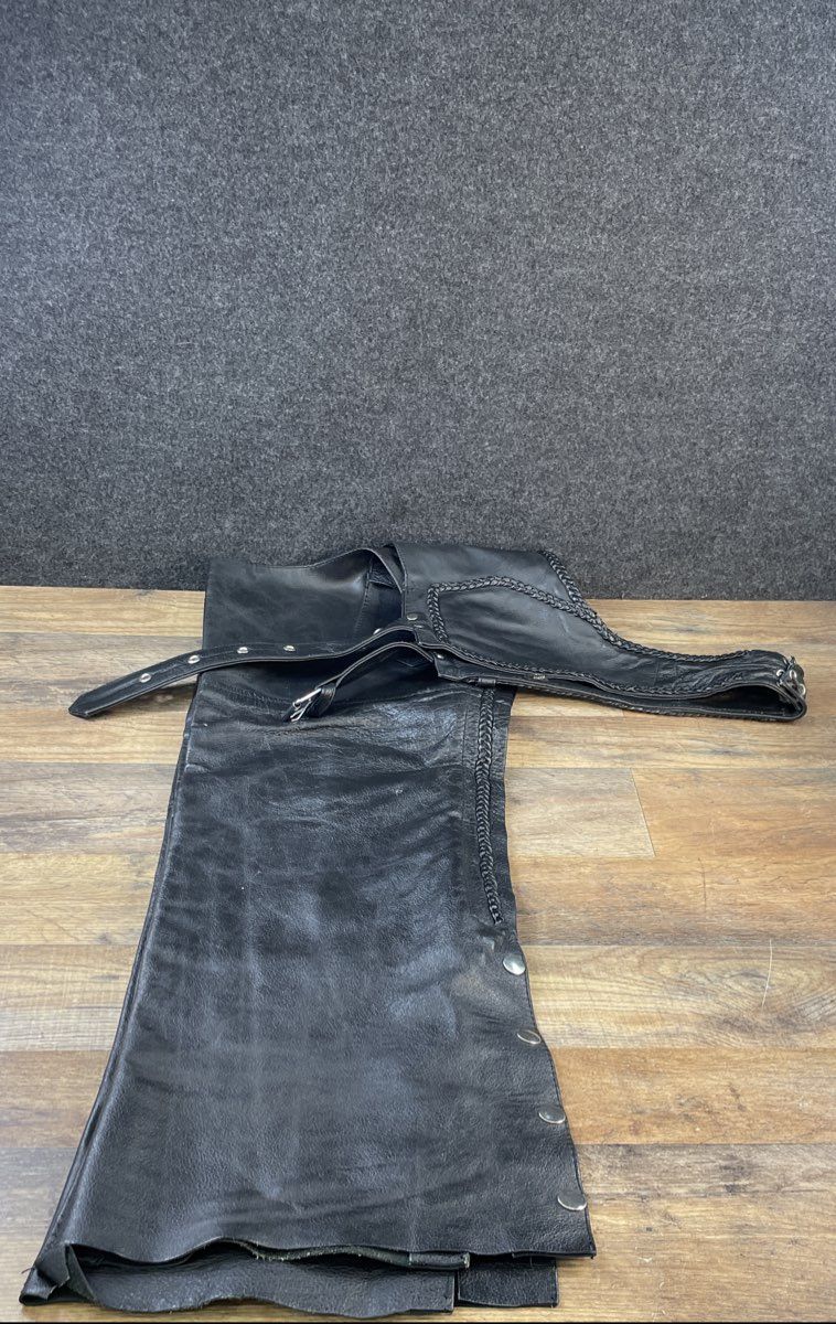 Men's Black Buffalo Leather Motorcycle Riding Chaps Braided Biker Sz M