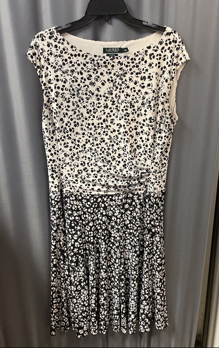 Lauren Ralph Lauren Women's Black White Blue Floral Ruched Jersey Dress Sz 14