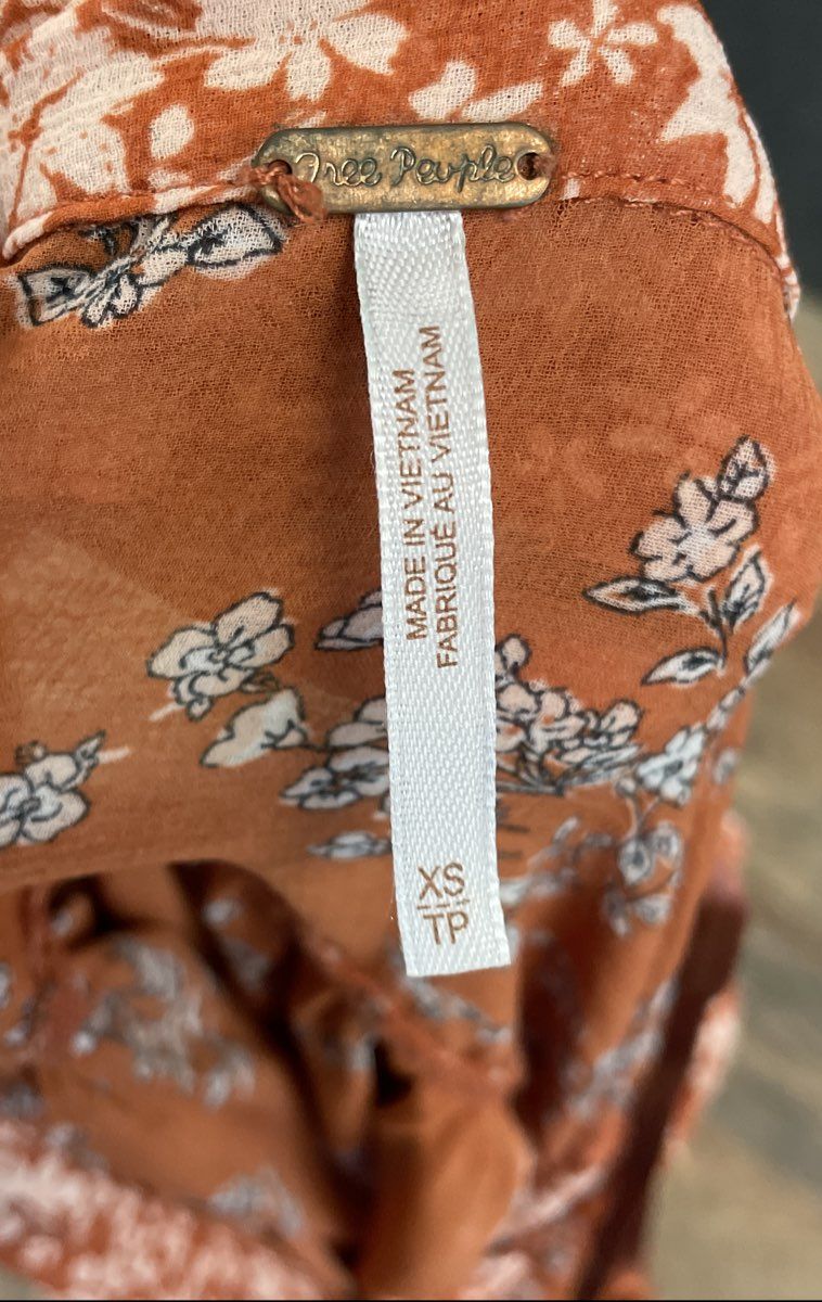 Free People Women's Orange Terracotta Mixed Floral Button Down Blouse Sz XS