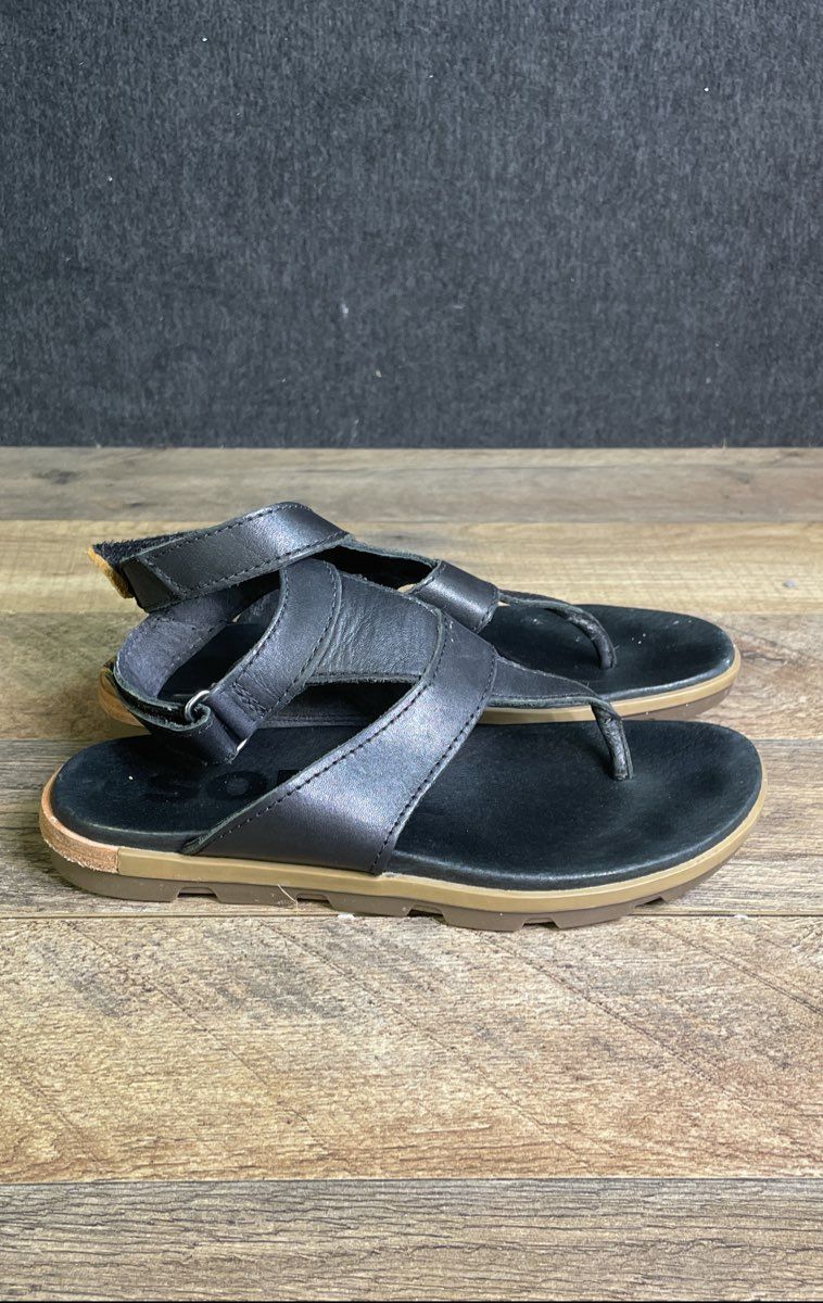 Sorel Roaming T-Strap Black Leather Women's Sandals Size 6