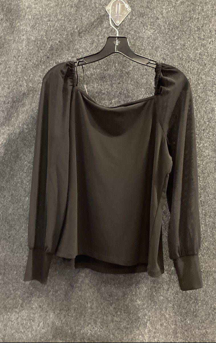 Tahari Women's Black Square Neck Puff Sleeve Mesh Blouse Top Sz L NWT