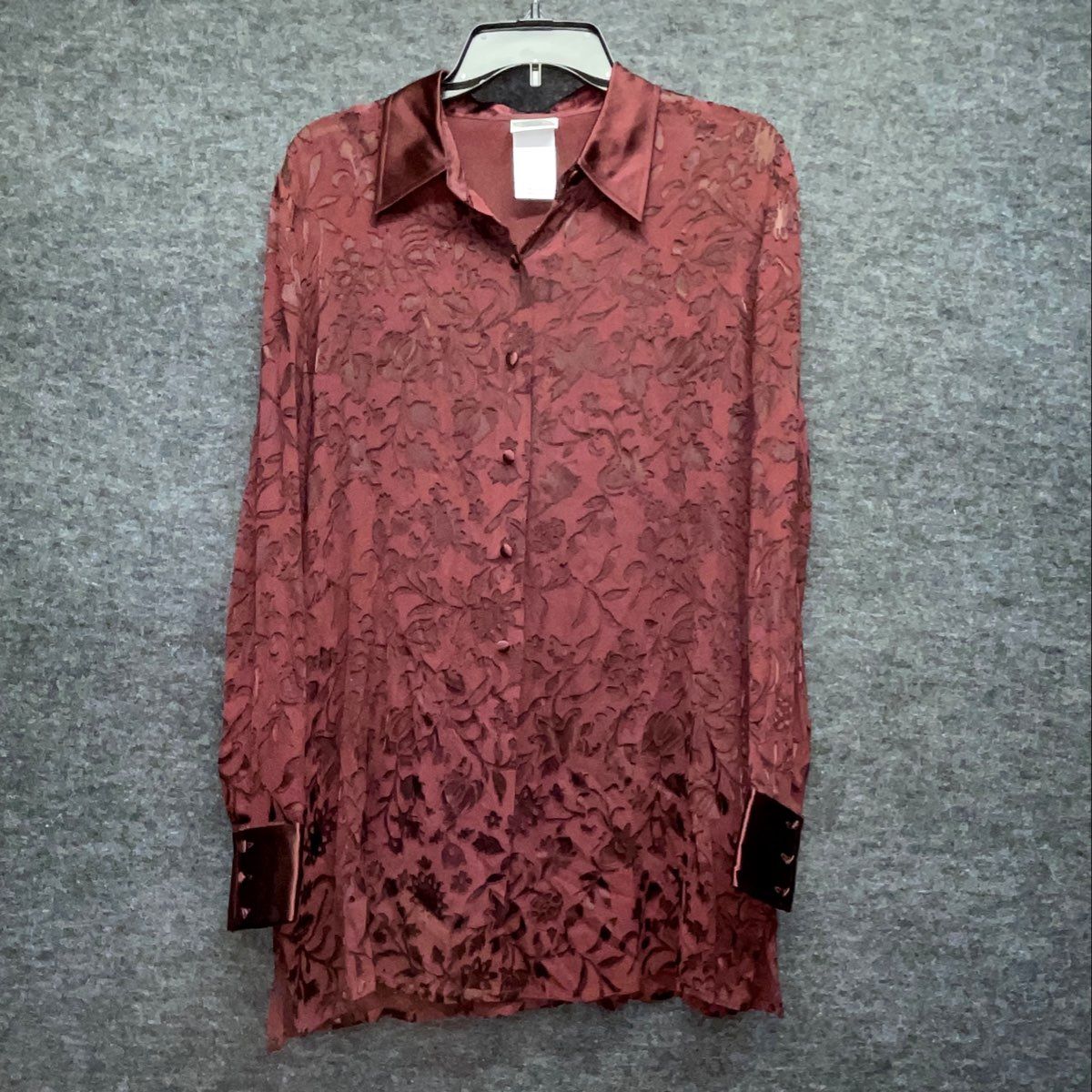 Vintage Y2K Laura Ashley Women's Burgundy Silk Floral Devore Blouse Tunic Sz 12