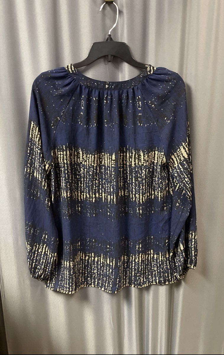 ZOA New York Women's Blue Abstract Print Button V-Neck Long Sleeve Blouse Sz M