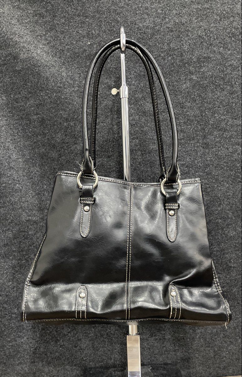 Black Leather Tote Shoulder Bag White Contrast Stitch Silver Hardware 13x10