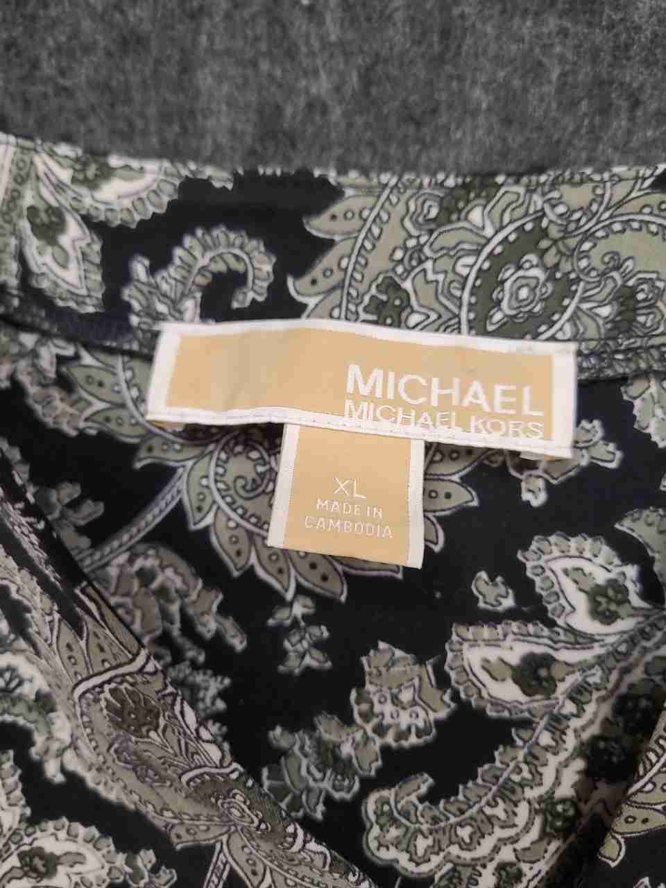Michael Kors Women's Paisley Tie-Cuff V-Neck Blouse Black Green Sz XL