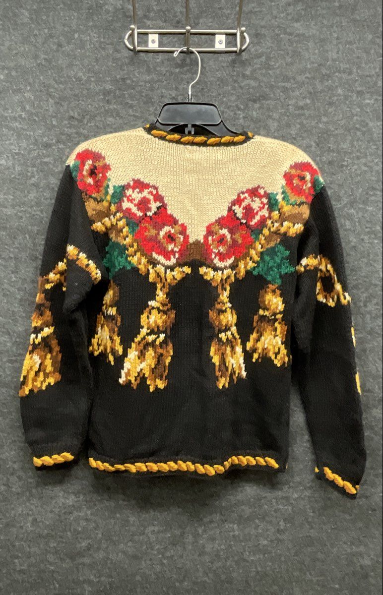 Vintage 90s The Eagle's Eye Women's Hand Knit Floral Tassel Cardigan Sweater M