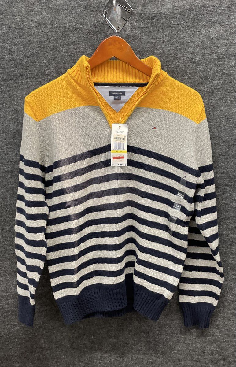 Tommy Hilfiger Boys' Yellow Gray Navy Striped Quarter Zip Sweater M 12/14 NWT