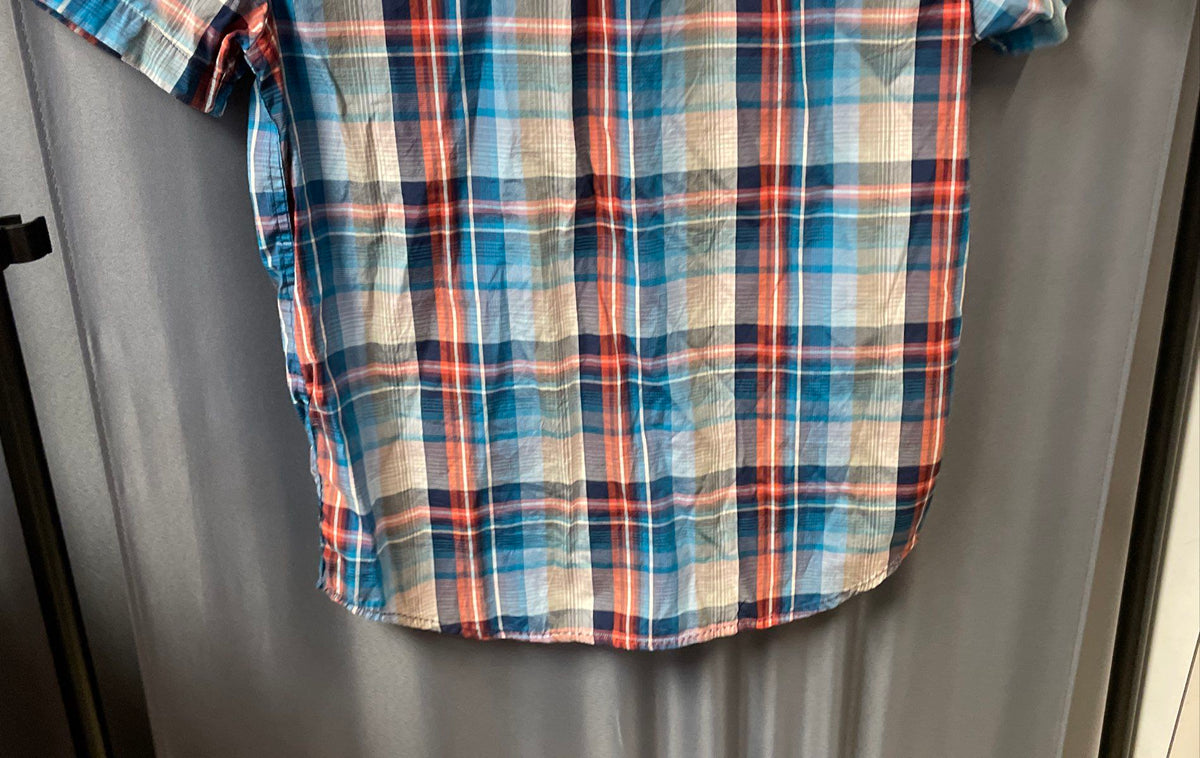Prana Men's Blue Orange Plaid Short Sleeve Button Down Cotton Shirt Sz Medium