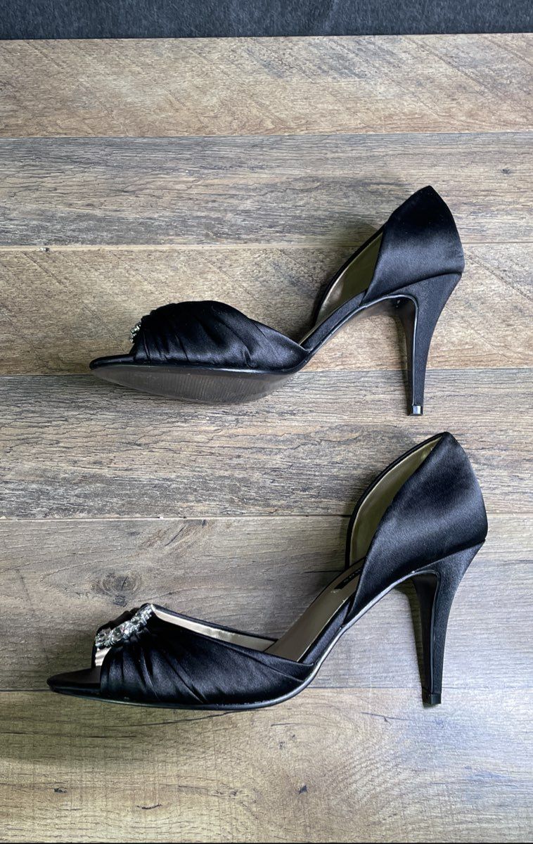 Caparros Black Satin d'Orsay Rhinestone Peep Toe Stiletto Heels Size 10