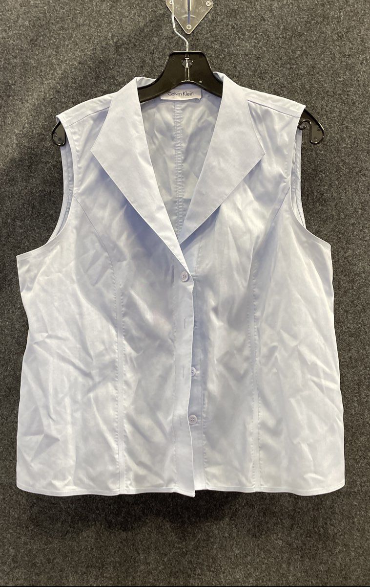 Calvin Klein Women's Blue Sleeveless Non-Iron Cotton Button Down Top Sz L