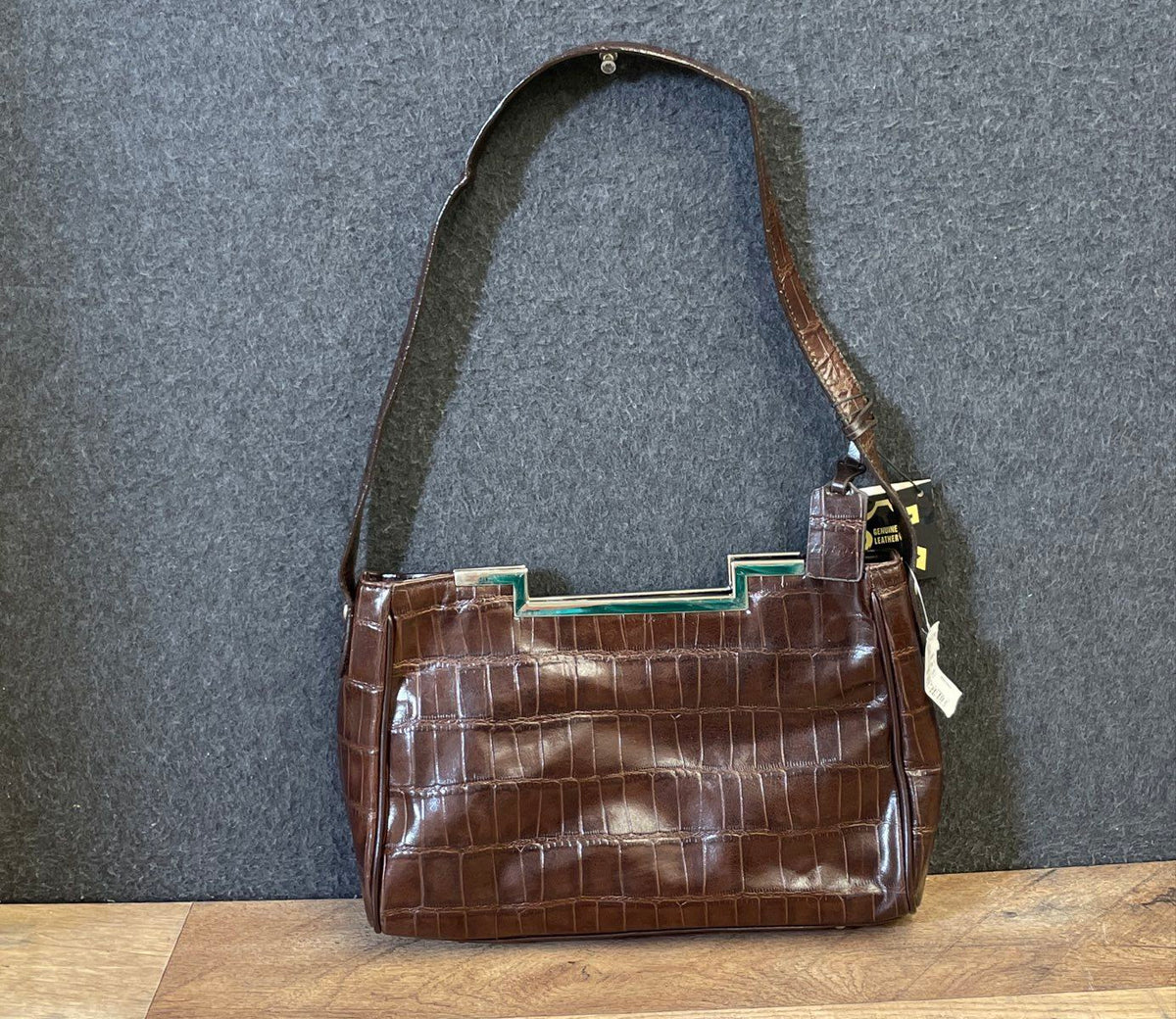 M.C. Brown Croc Embossed Genuine Leather Frame Shoulder Bag NWT 9033