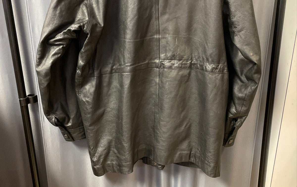 Vintage Oklahoma State Seal Black Leather Hooded Coat Women's Sz L