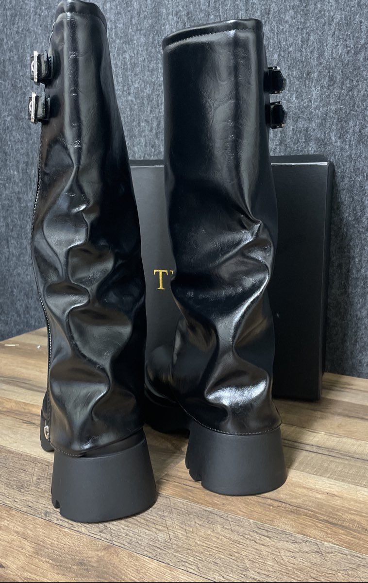 TEAIEUI Black Platform Moto Fold Over Knee High Boots Women's Size 6