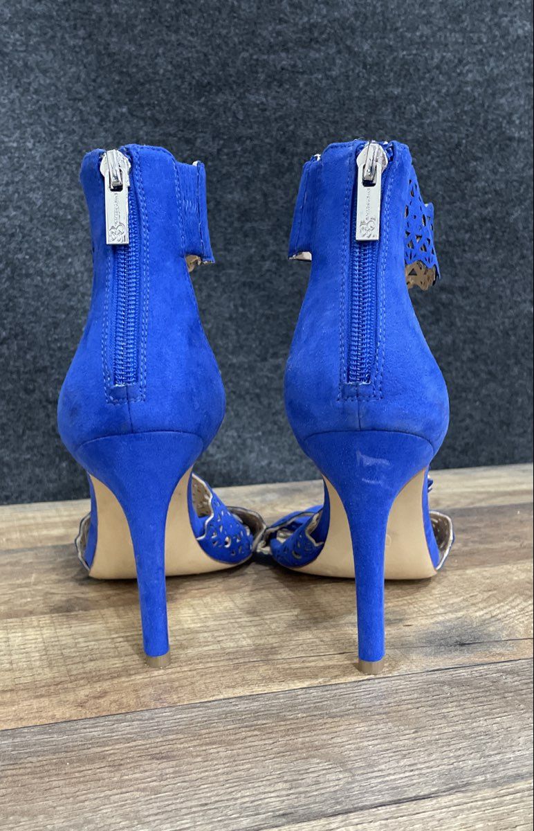 Jessica Simpson Blue Laser Cut Perforated Ankle Strap Stiletto Heels Size 8.5