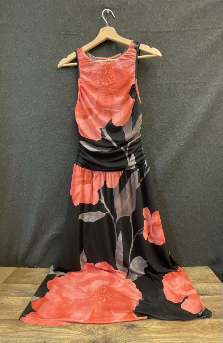 Wenrine Women's RT1149 Black Coral Floral Mesh Ruched Maxi Dress Sz XS