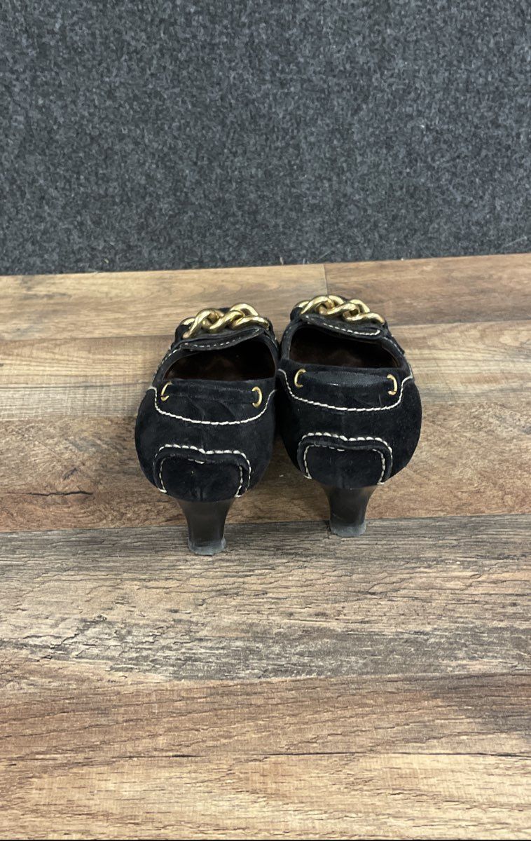 The Original Car Shoe Black Suede Gold Chain Kitten Heel Pumps Size 36.5