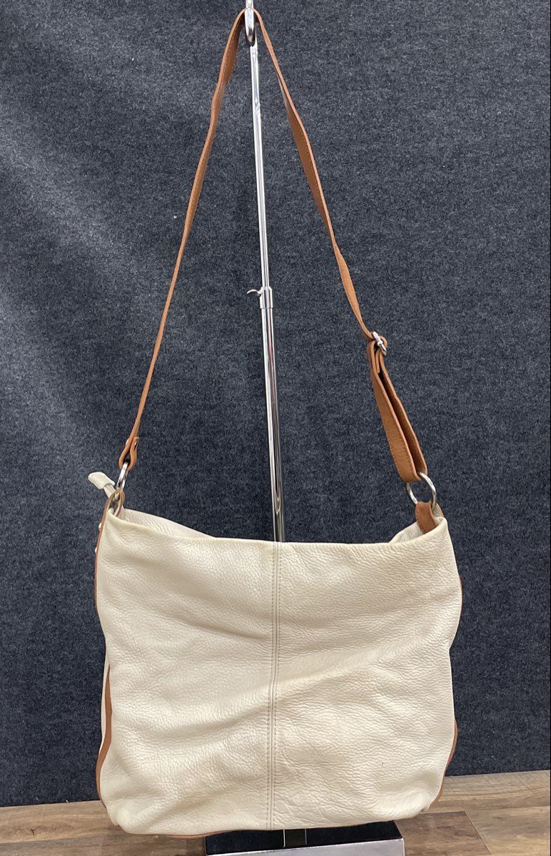 Valentina White Pebbled Leather Hobo Shoulder Bag Tan Trim Silver Tone Logo