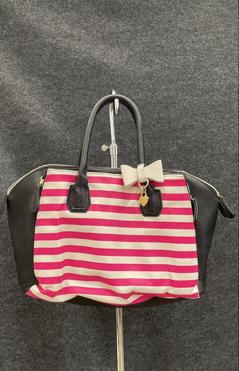 Betsey Johnson Pink White Black Striped Faux Leather Satchel Purse Handbag