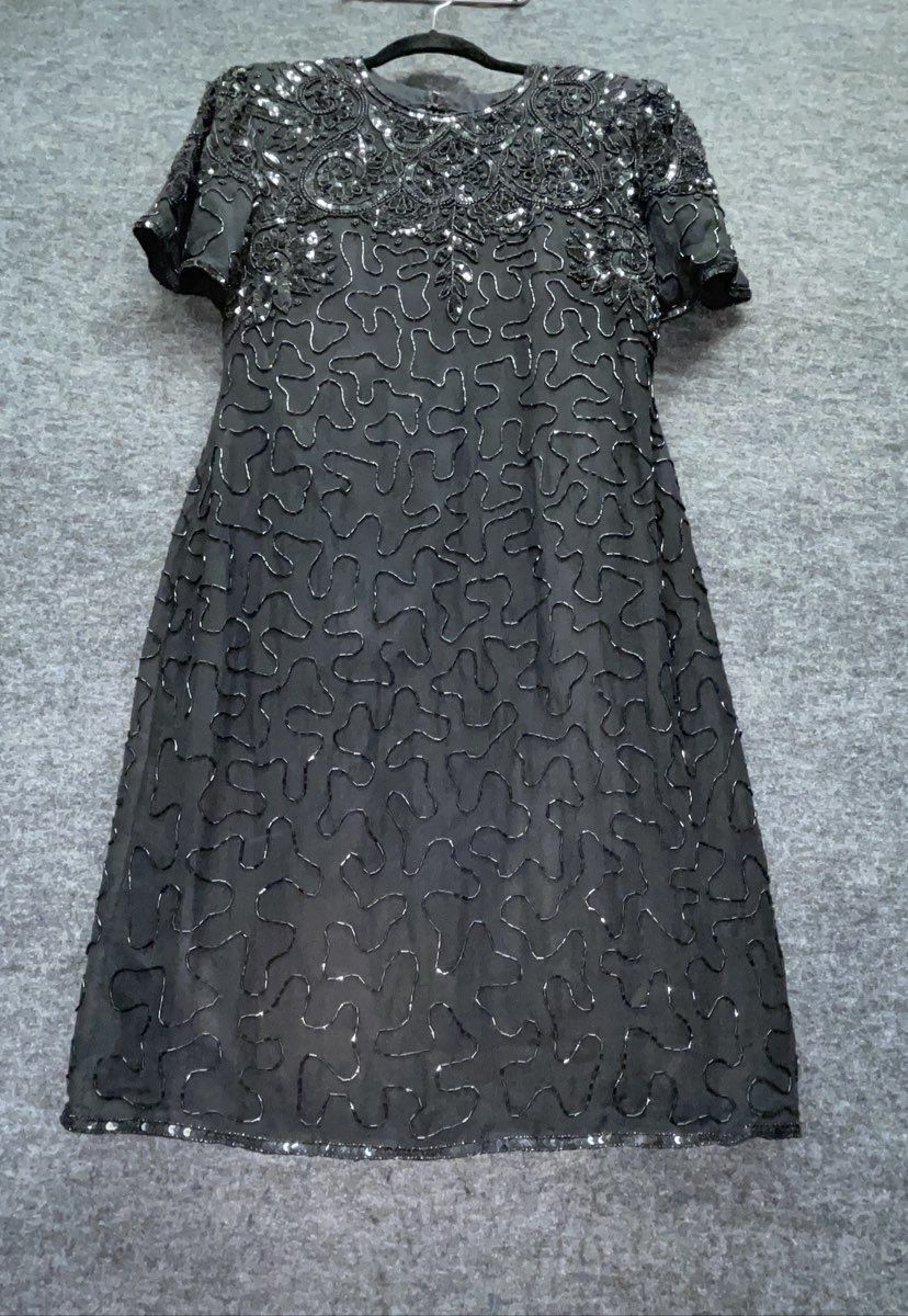 Vintage 90s Women's Black Beaded Sequined Cocktail Dress Keyhole Back