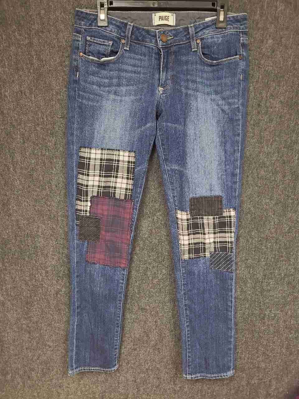 Paige Women's Jimmy Jimmy Skinny Jeans Blue Denim Plaid Patchwork Sz 27