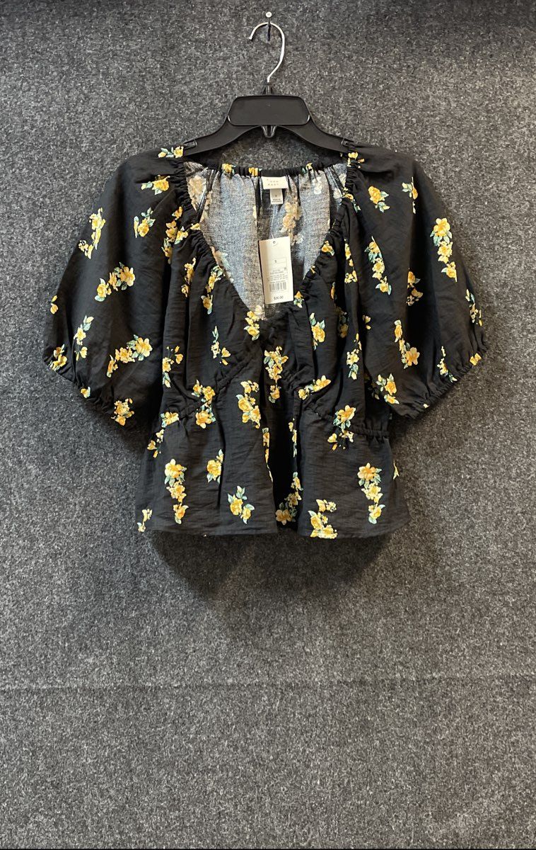 A New Day Women's Black Floral Puff Sleeve Peplum Blouse V-Neck Top NWT Sz S