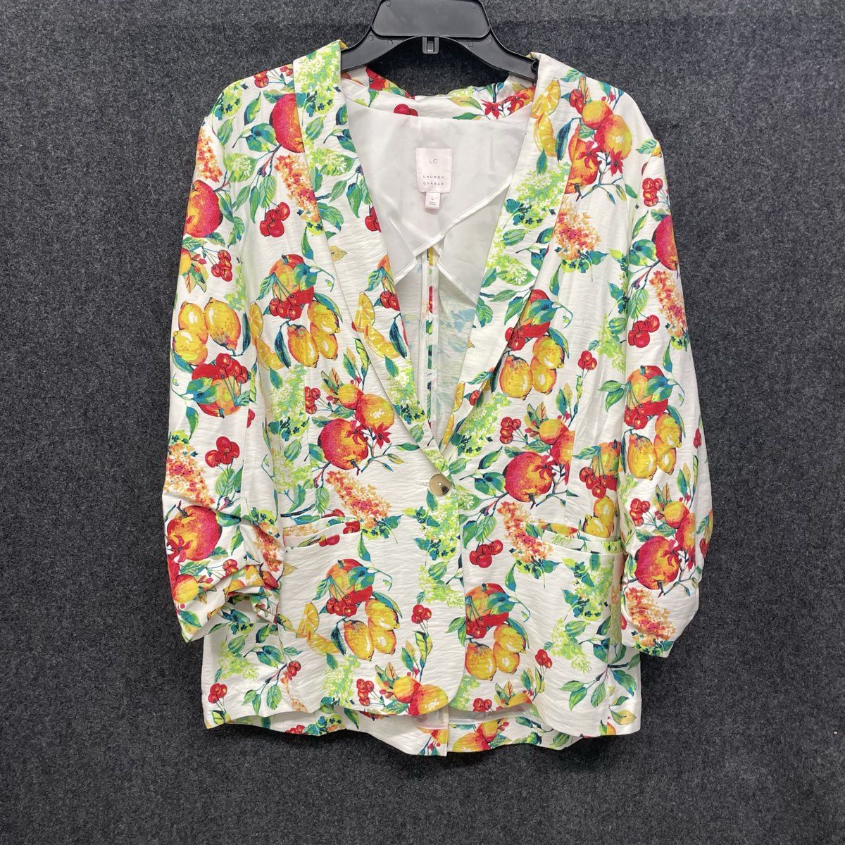 Lauren Conrad Women's White Fruit Floral Print Ruched Sleeve Blazer Jacket Sz L