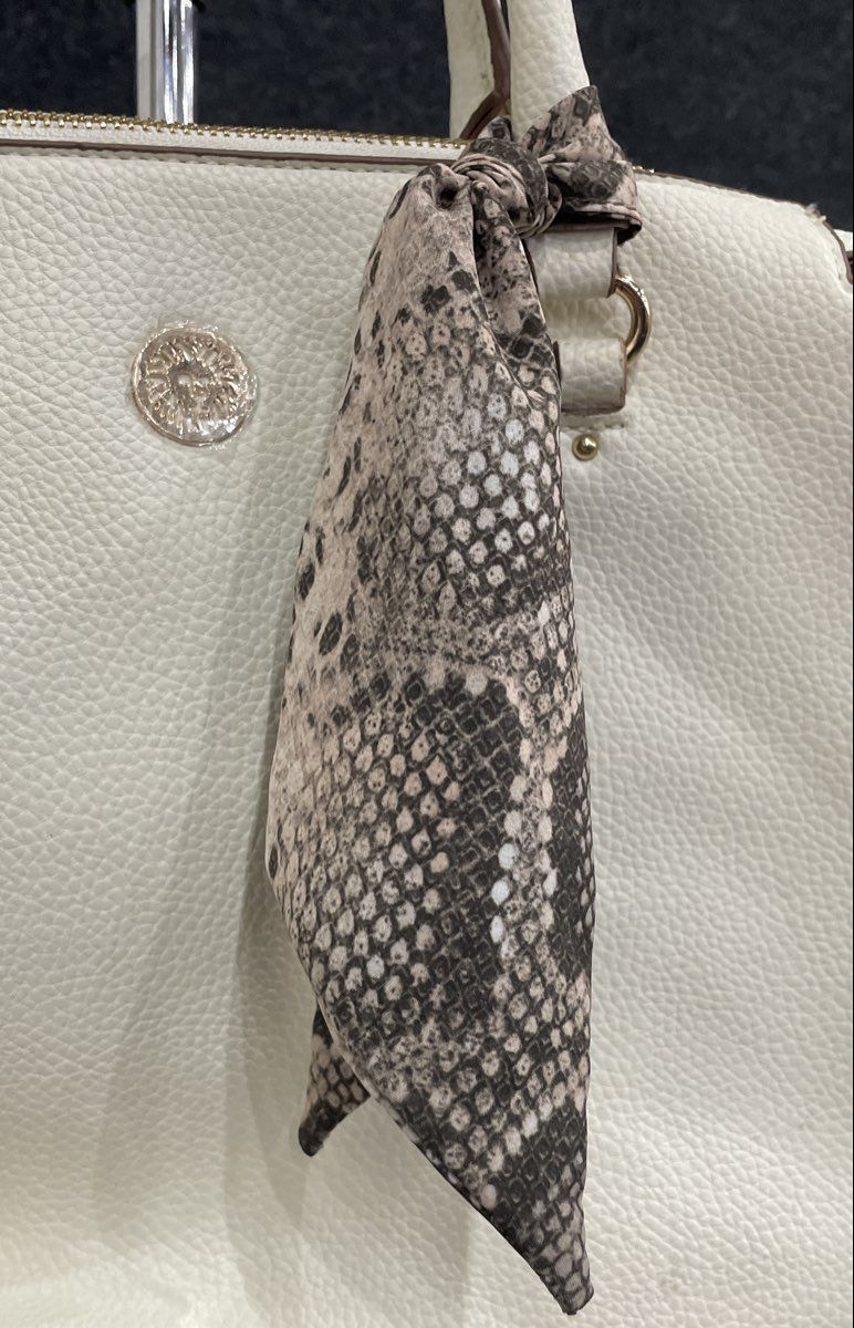 Anne Klein White Pebbled Satchel Handbag Snake Print Scarf Gold Hardware