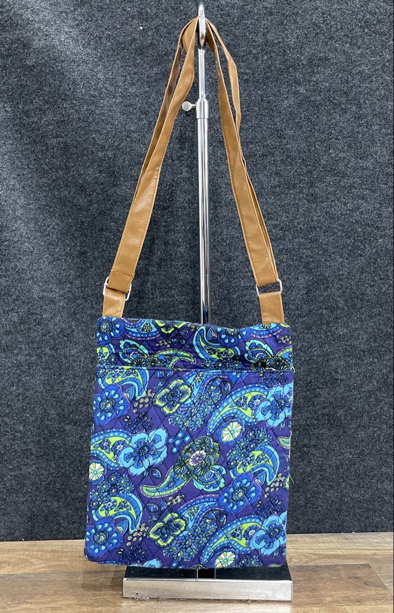 Stone Mountain Blue Paisley Quilted Multi-Zip Crossbody Bag Brown Leather