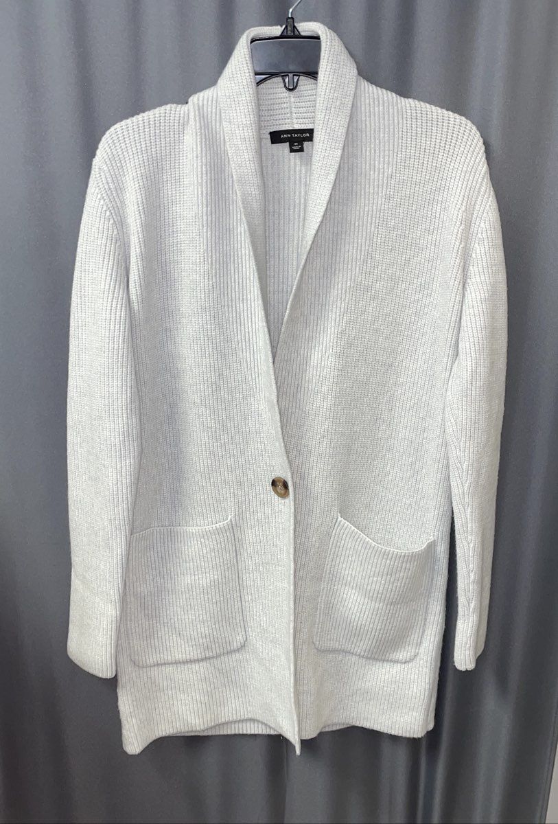 Ann Taylor Women's Gray Ribbed Knit Cardigan Sweater Jacket Shawl Collar XS