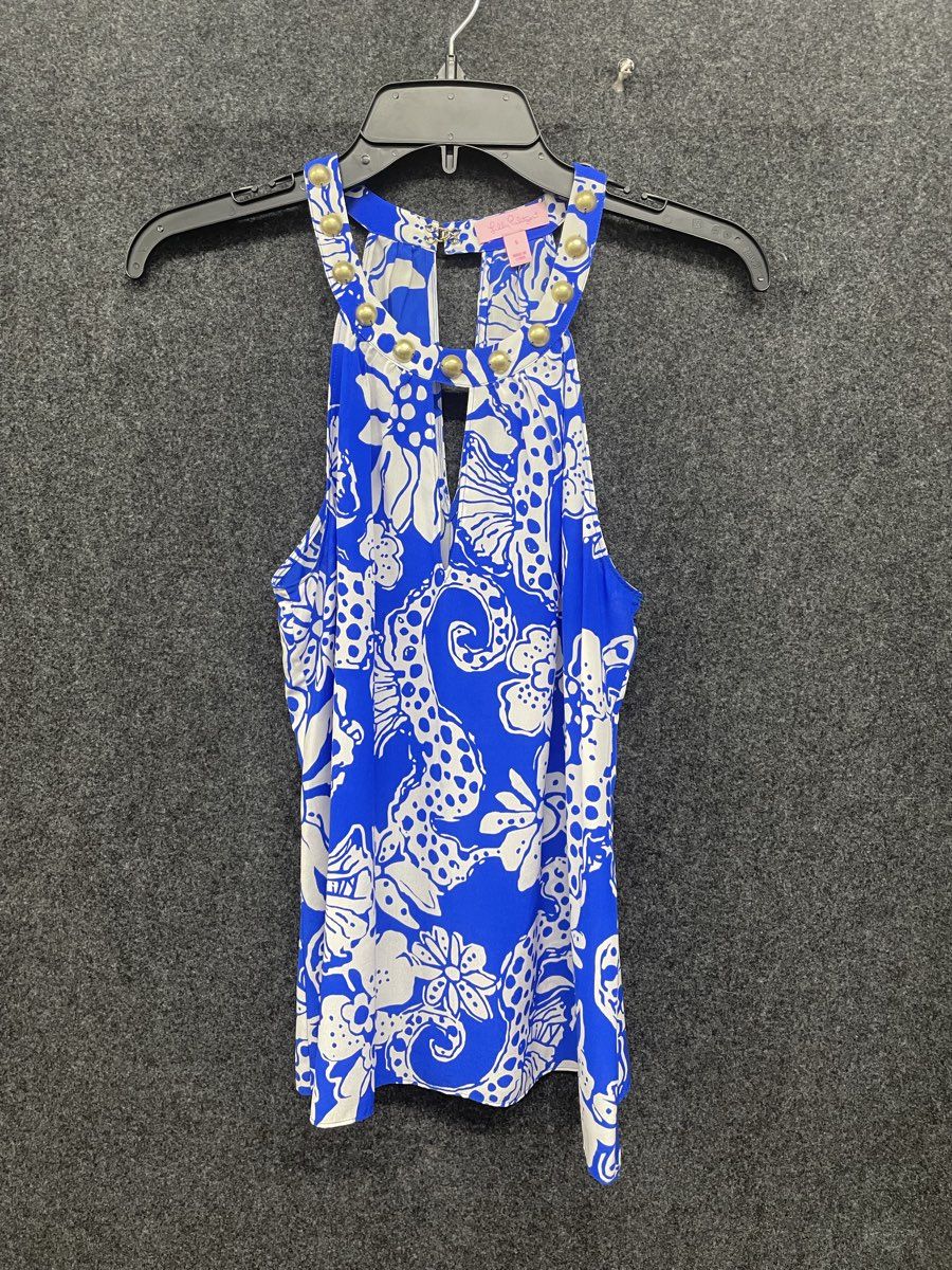 Lilly Pulitzer Women's Blue White Quahog Chowdah Silk Halter Top Size S
