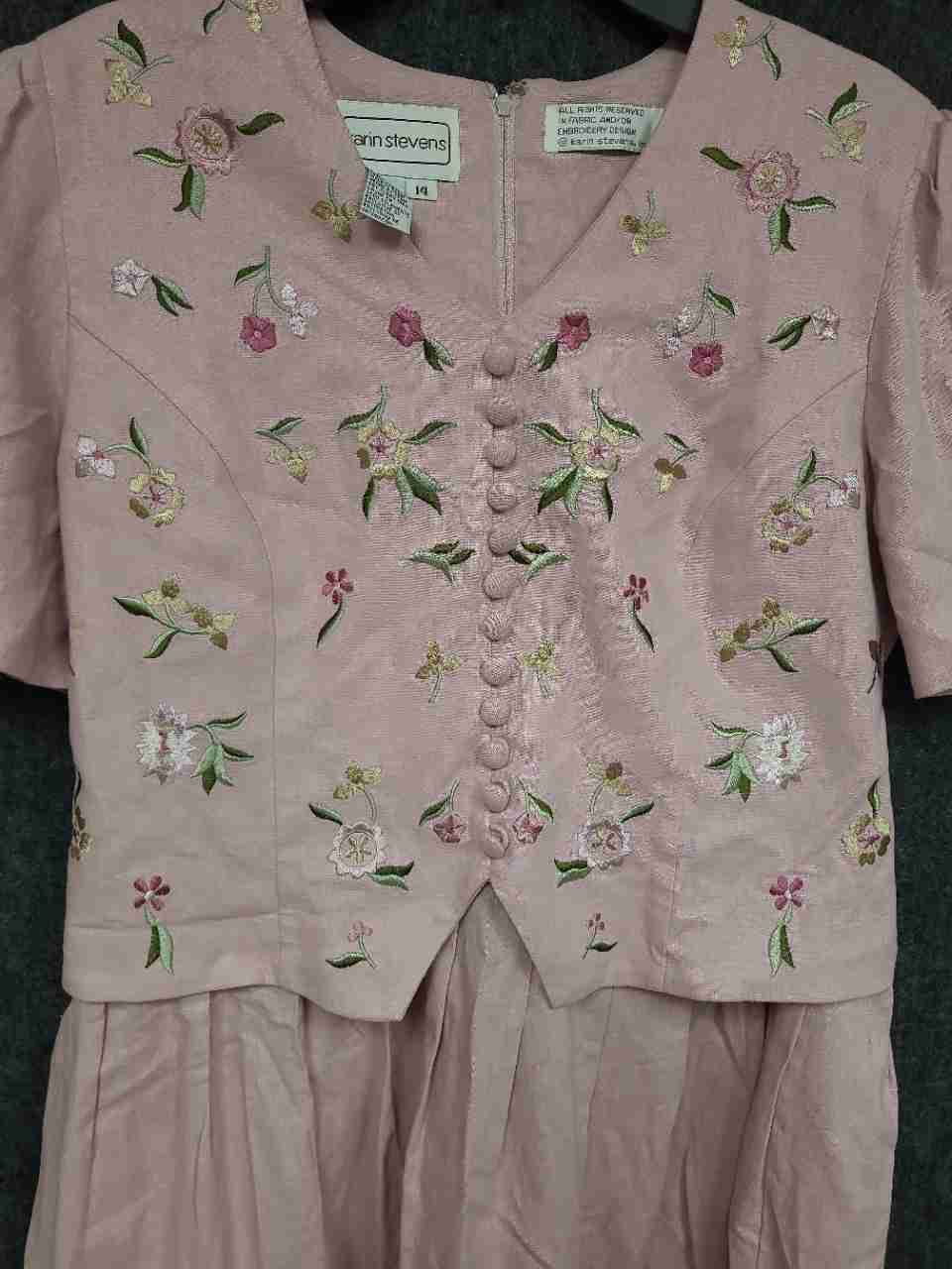 Karin Stevens Women's Vintage 90s Pink Floral Embroidered Linen Dress Sz 14