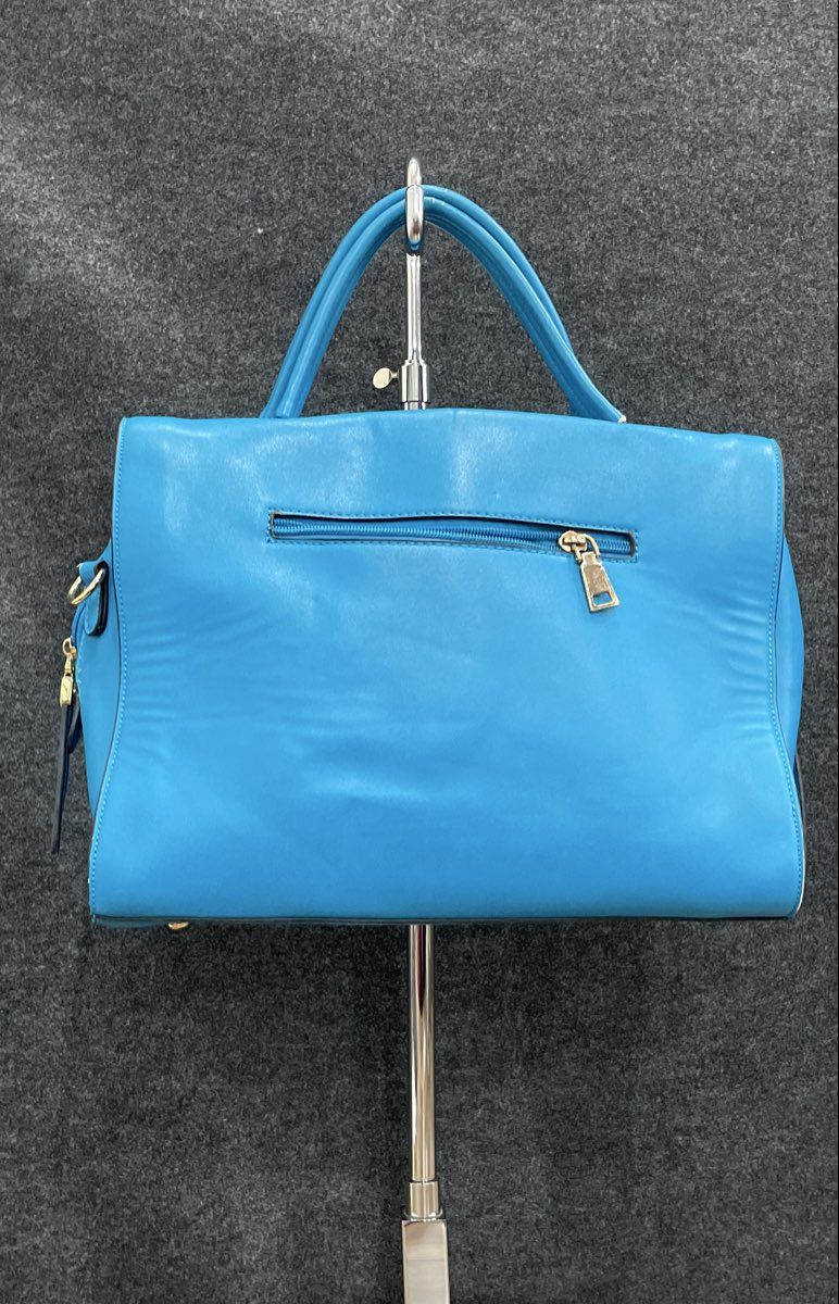 Unbranded Blue Leather Satchel Tote Handbag Large Gold Hardware 19x14