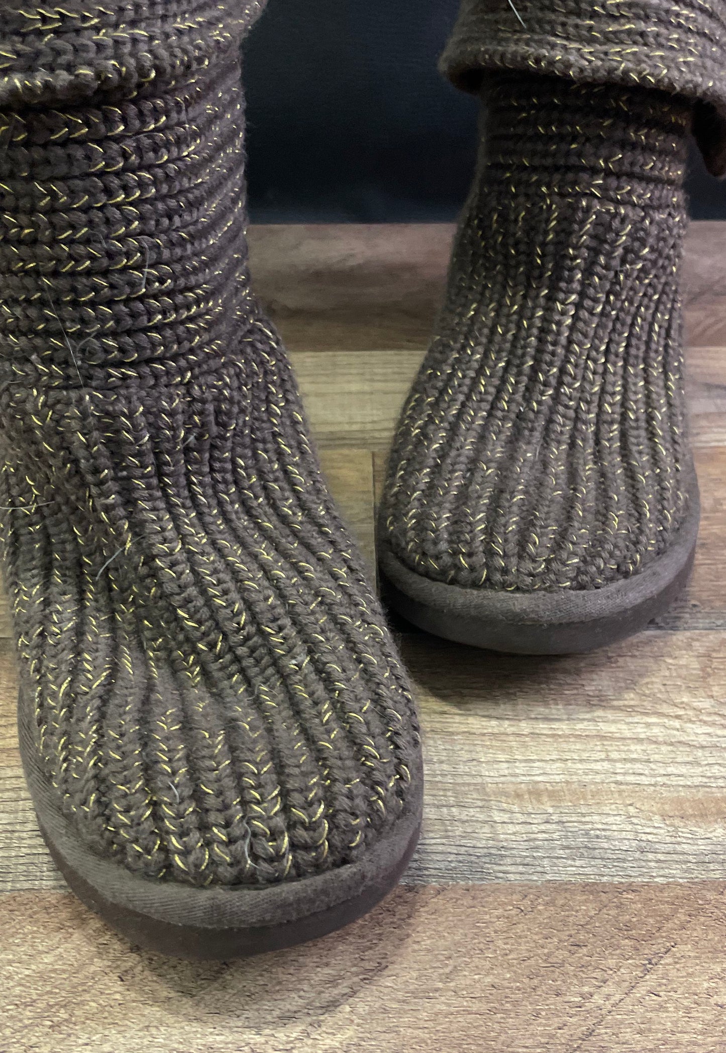 UGG Classic Cardy Brown Gold Metallic Knit Boots Women's Size 7