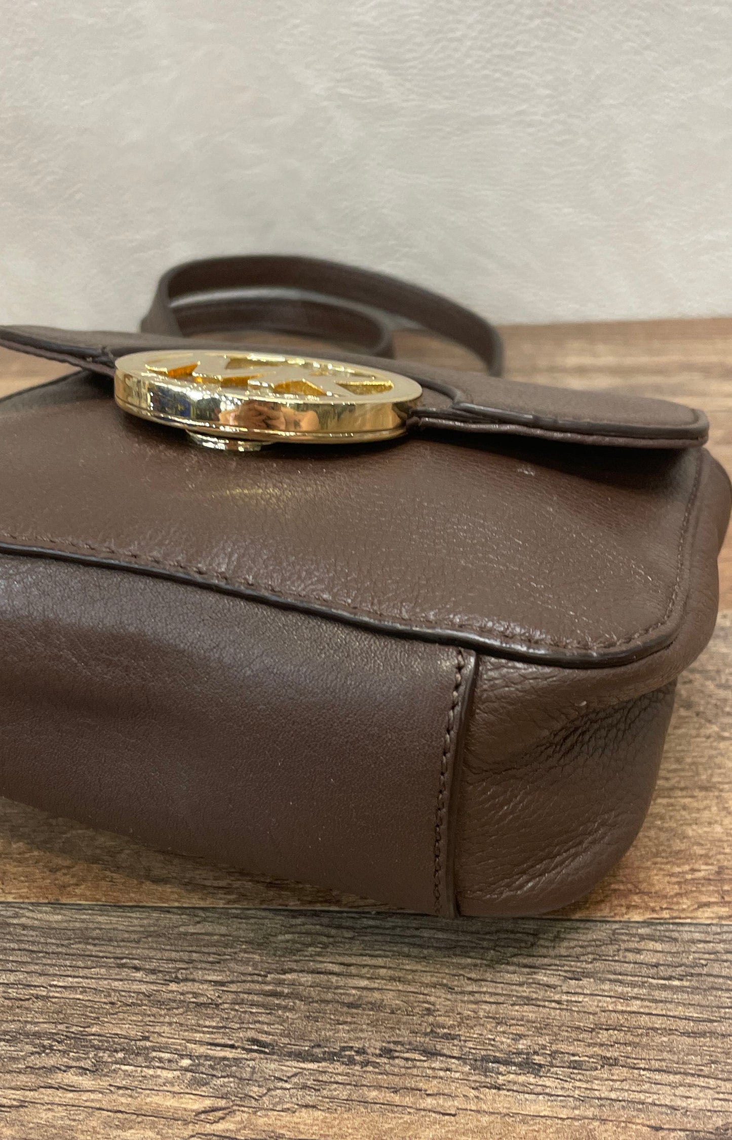 Michael Kors Brown Pebbled Leather Small Crossbody Bag Gold Logo Chain Strap