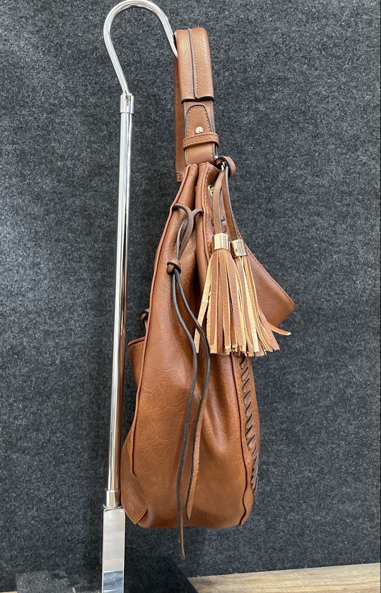 Cognac Brown Leather Hobo Shoulder Bag Tassel Woven Stitch Detail Large