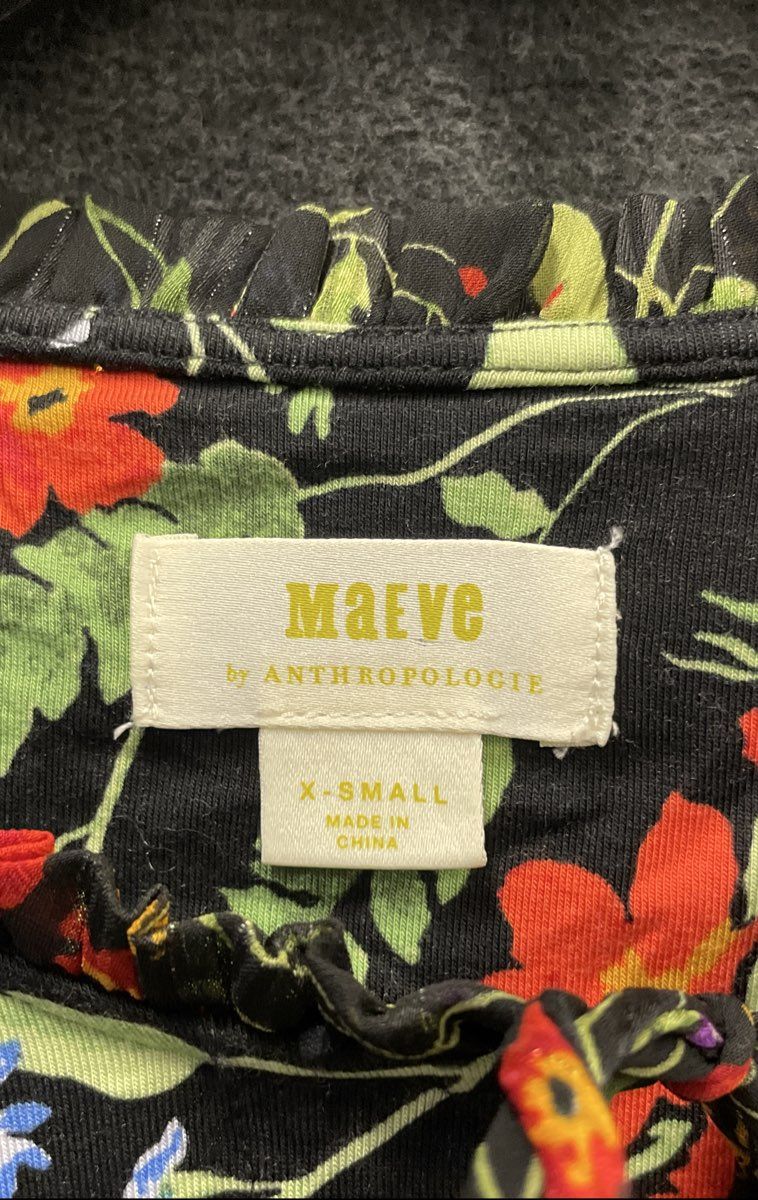 Maeve Anthropologie Women's Black Metallic Floral Ruffle Tie Neck Blouse Sz XS