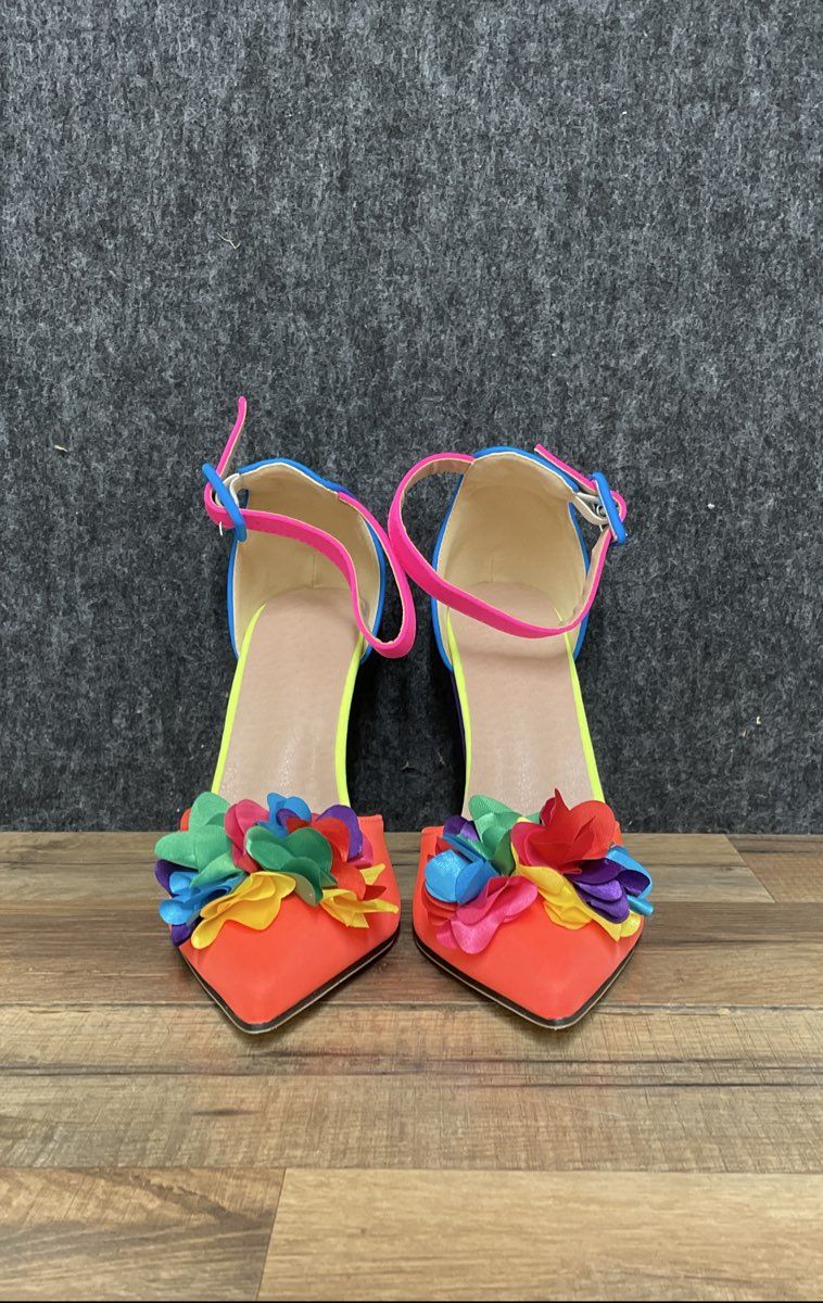 Temu Floral Pointed-Toe Chunky Heel Sandals Rainbow Multi-Color Size 38 EU 7.5