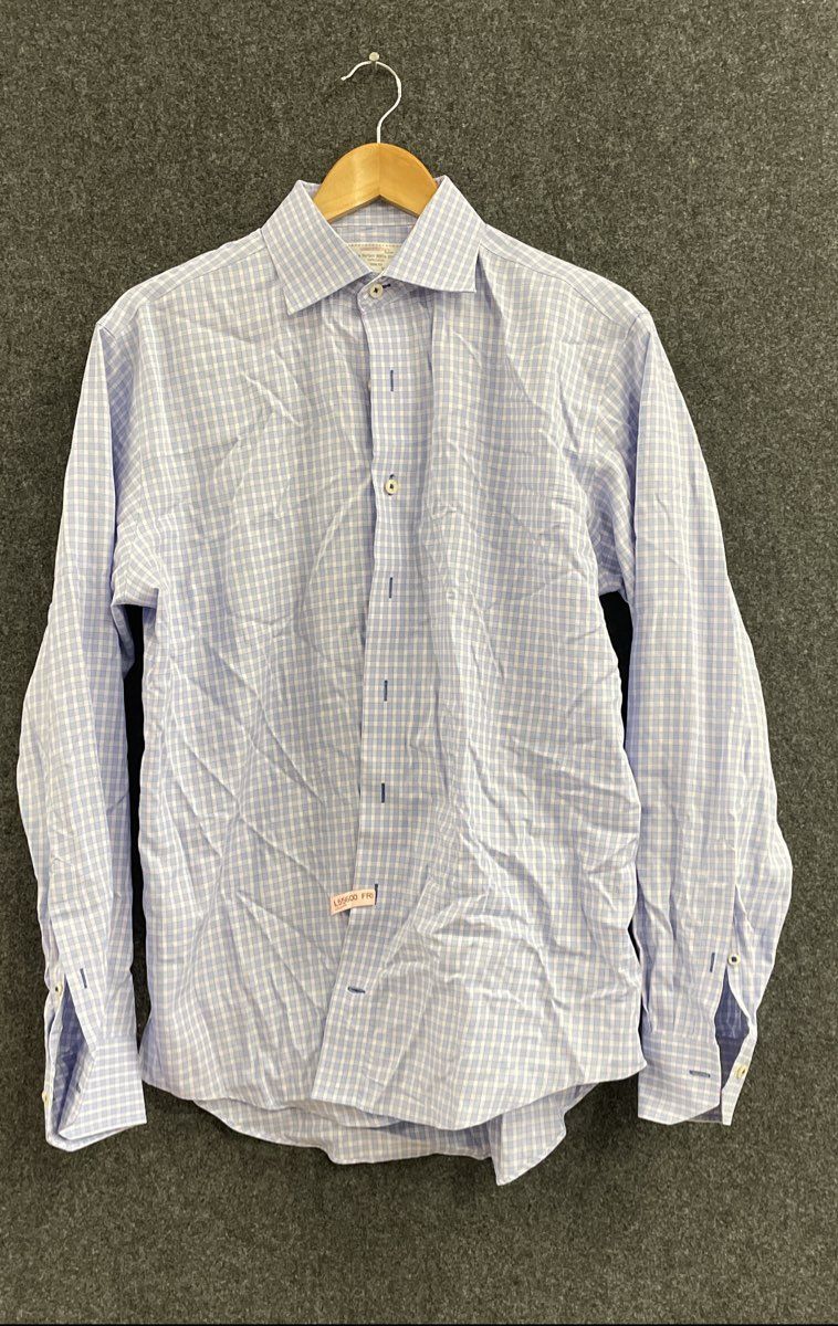 Lorenzo Uomo Men's Button Down Shirt Blue Purple Check Trim Fit Sz 16 34-35