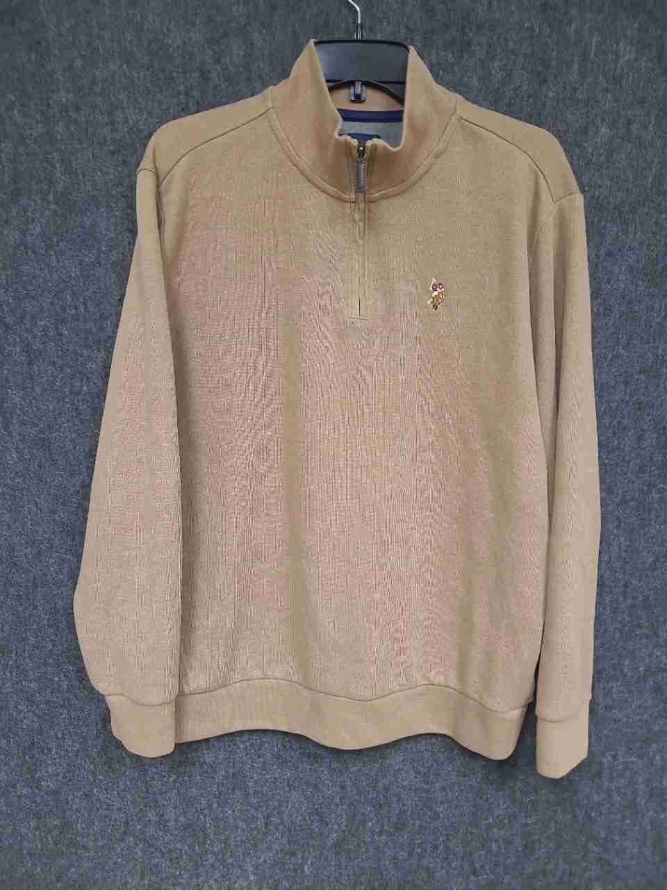 U.S. Polo Assn. Men's Tan 1/4 Zip Pullover Mock Neck Cotton Blend Sz L