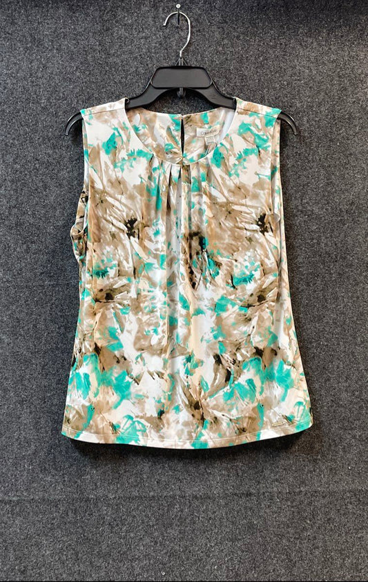 Calvin Klein Women's Teal Tan Abstract Pleated Sleeveless Top Blouse NWT Sz XL