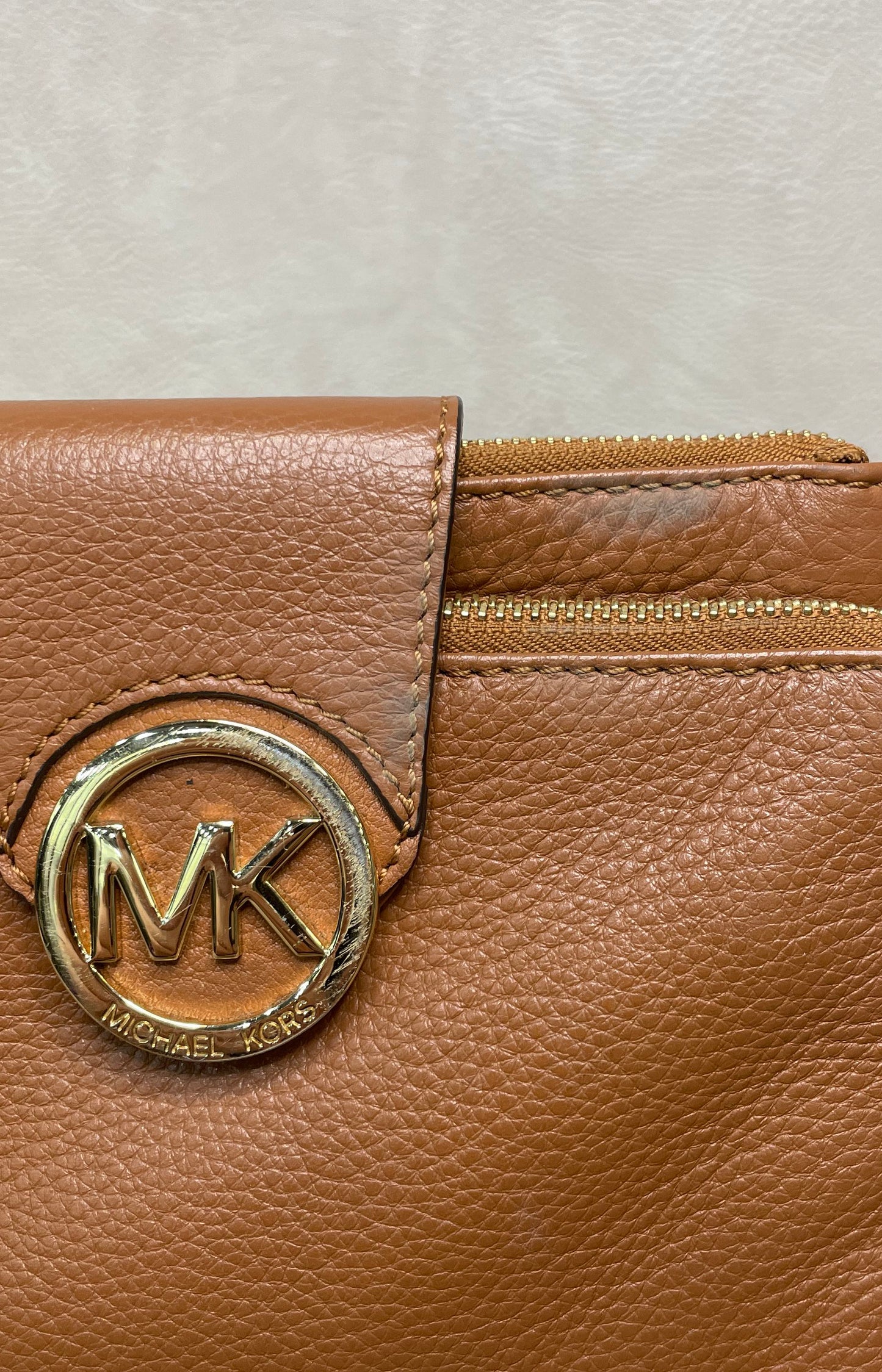 Michael Kors Brown Pebbled Leather Fulton Crossbody Wallet Bag Gold Hardware