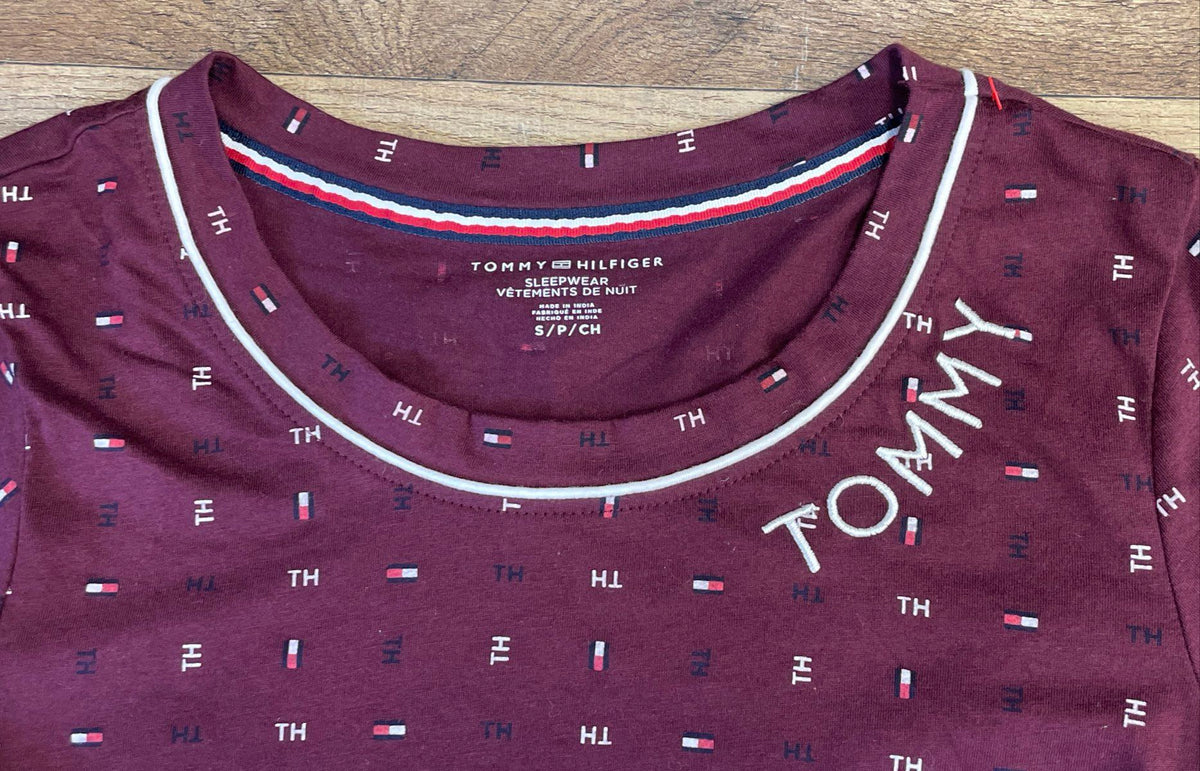 Tommy Hilfiger Women's Maroon Logo Print Sleep Shirt Pajama Top Sz S